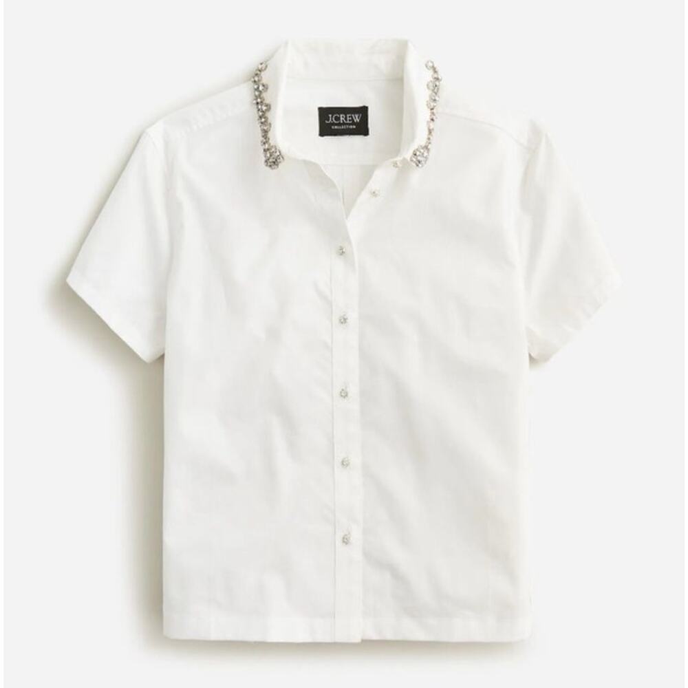 J Crew Collection Embellished Cropped Button-Up Shirt in Cotton Poplin 4 New